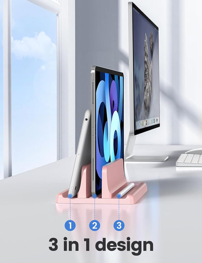 Vertical Laptop Stand Holder Organizer Plastic Adjustable Desktop Notebook Dock Space-Saving 3 in 1 for All MacBook Pro Air,Mac,HP,Dell,Microsoft Surface,Lenovo,up to 17.3 inches (Black)