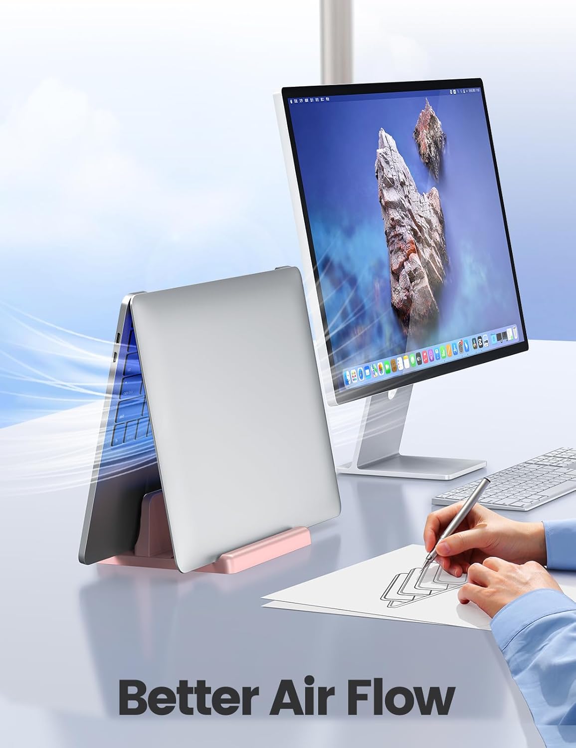 Vertical Laptop Stand Holder Organizer Plastic Adjustable Desktop Notebook Dock Space-Saving 3 in 1 for All MacBook Pro Air,Mac,HP,Dell,Microsoft Surface,Lenovo,up to 17.3 inches (Black)