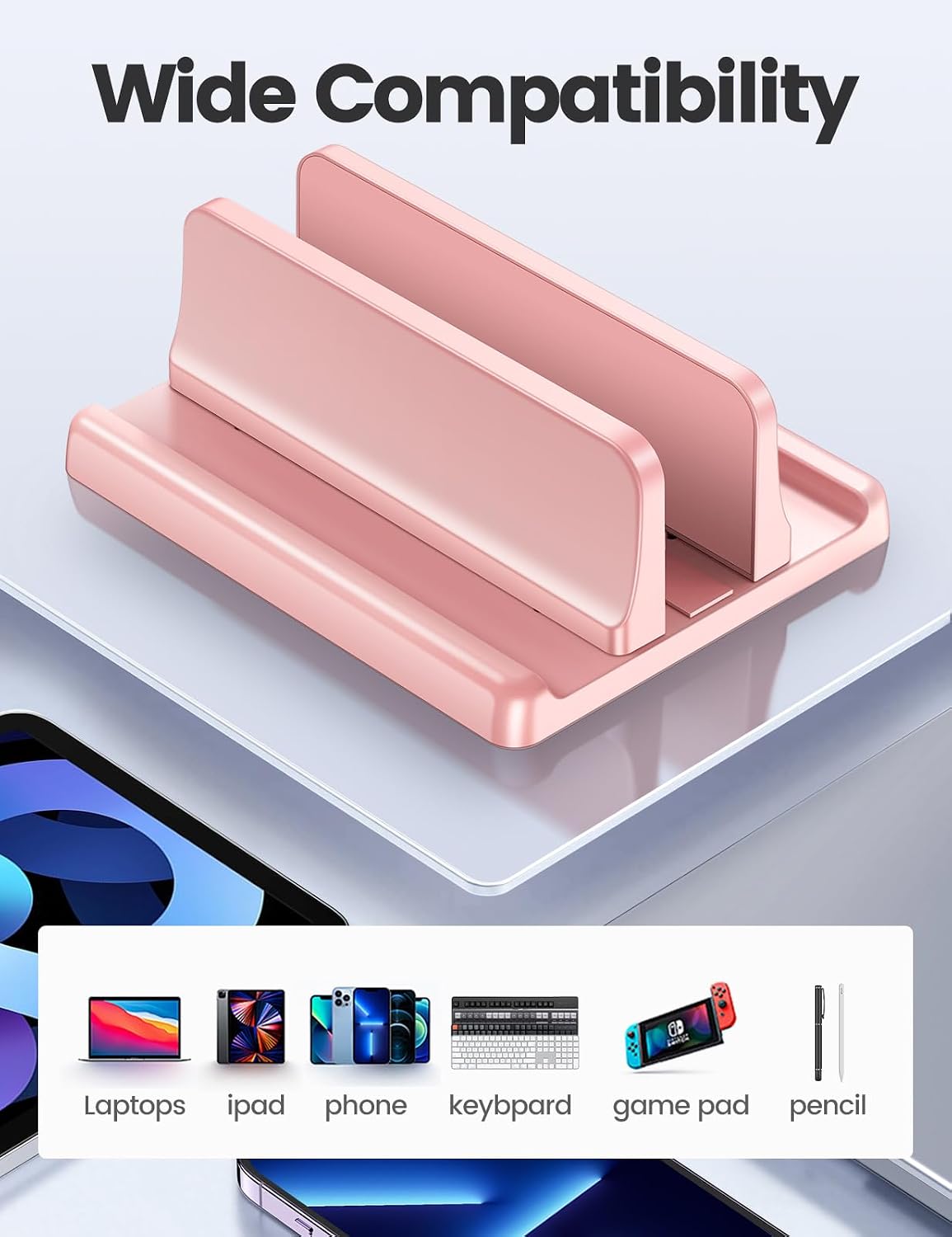 Vertical Laptop Stand Holder Organizer Plastic Adjustable Desktop Notebook Dock Space-Saving 3 in 1 for All MacBook Pro Air,Mac,HP,Dell,Microsoft Surface,Lenovo,up to 17.3 inches (Black)