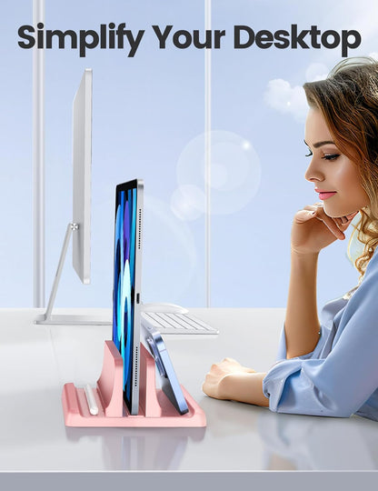 Vertical Laptop Stand Holder Organizer Plastic Adjustable Desktop Notebook Dock Space-Saving 3 in 1 for All MacBook Pro Air,Mac,HP,Dell,Microsoft Surface,Lenovo,up to 17.3 inches (Black)