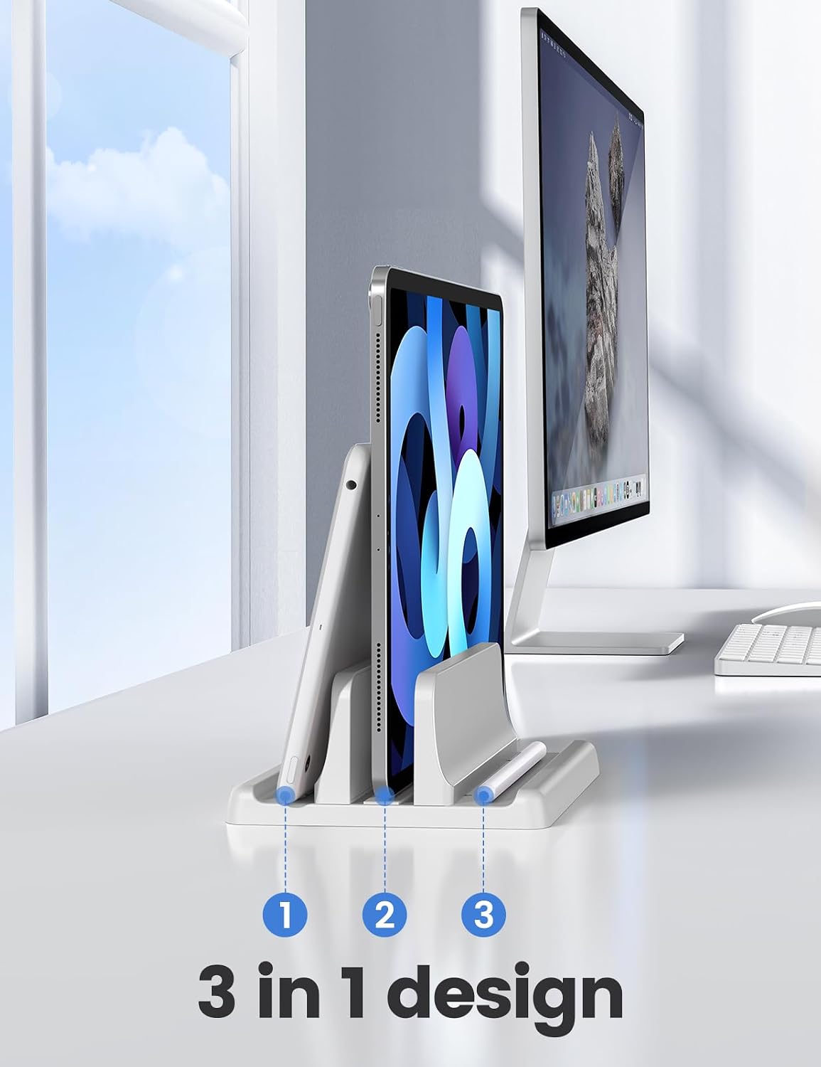 Vertical Laptop Stand Holder Organizer Plastic Adjustable Desktop Notebook Dock Space-Saving 3 in 1 for All MacBook Pro Air,Mac,HP,Dell,Microsoft Surface,Lenovo,up to 17.3 inches (Black)
