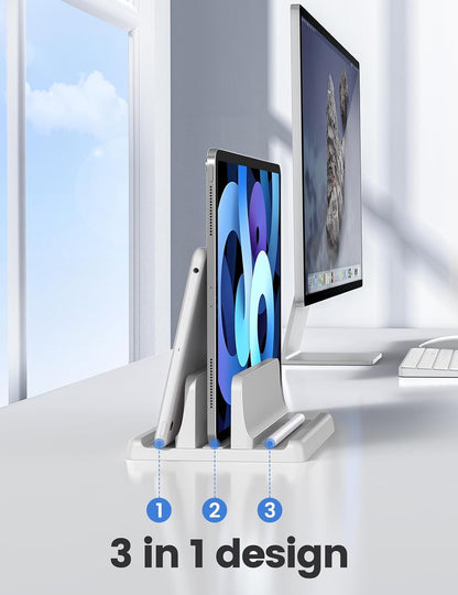 Vertical Laptop Stand Holder Organizer Plastic Adjustable Desktop Notebook Dock Space-Saving 3 in 1 for All MacBook Pro Air,Mac,HP,Dell,Microsoft Surface,Lenovo,up to 17.3 inches (Black)