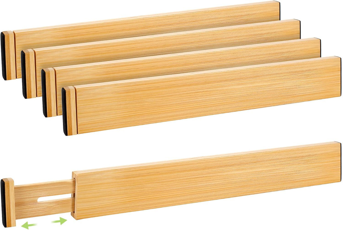 Drawer Organizer, Spring-Loaded Expandable Bamboo Dividers