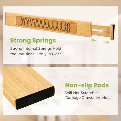 Drawer Organizer, Spring-Loaded Expandable Bamboo Dividers