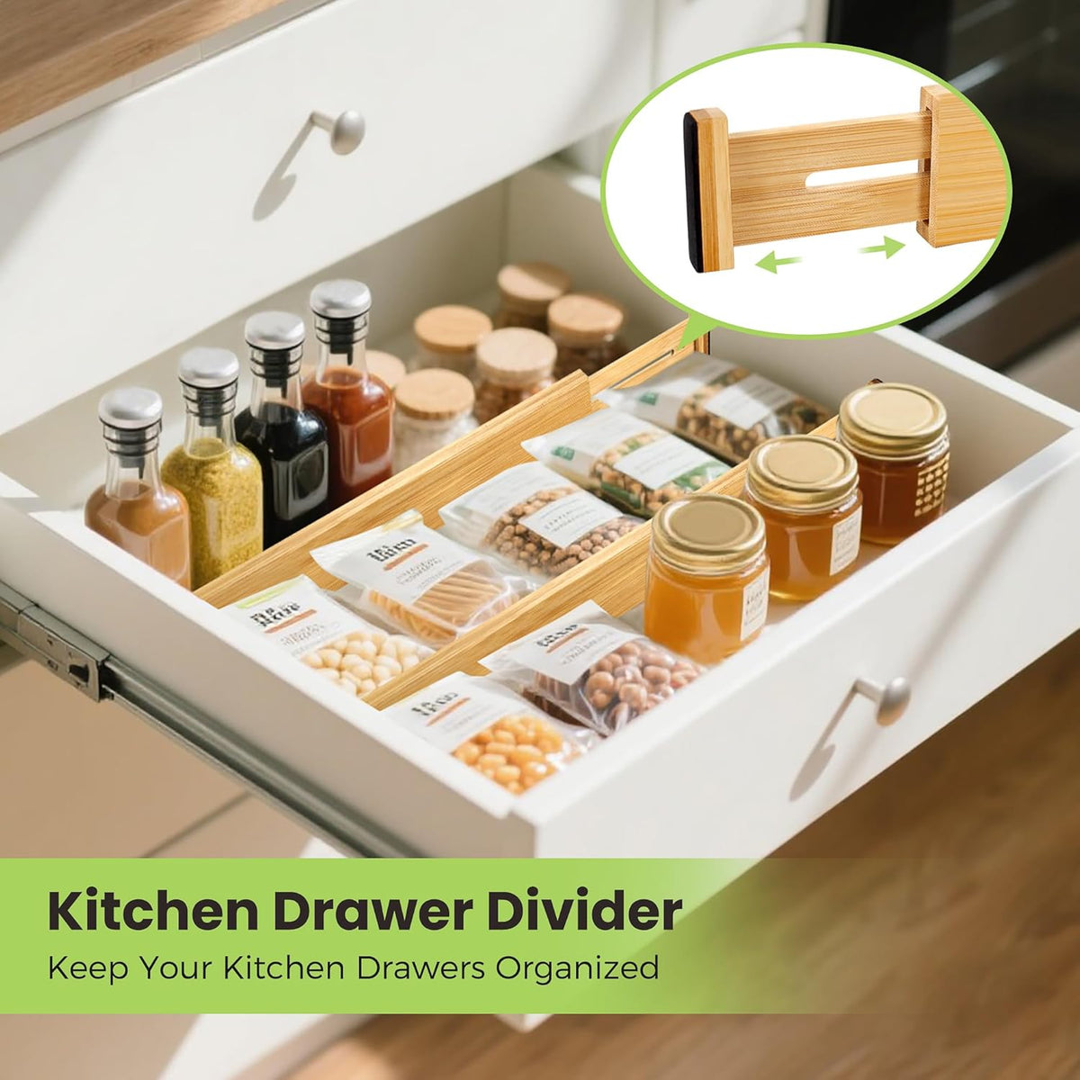Drawer Organizer, Spring-Loaded Expandable Bamboo Dividers