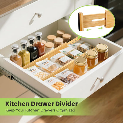 Drawer Organizer, Spring-Loaded Expandable Bamboo Dividers