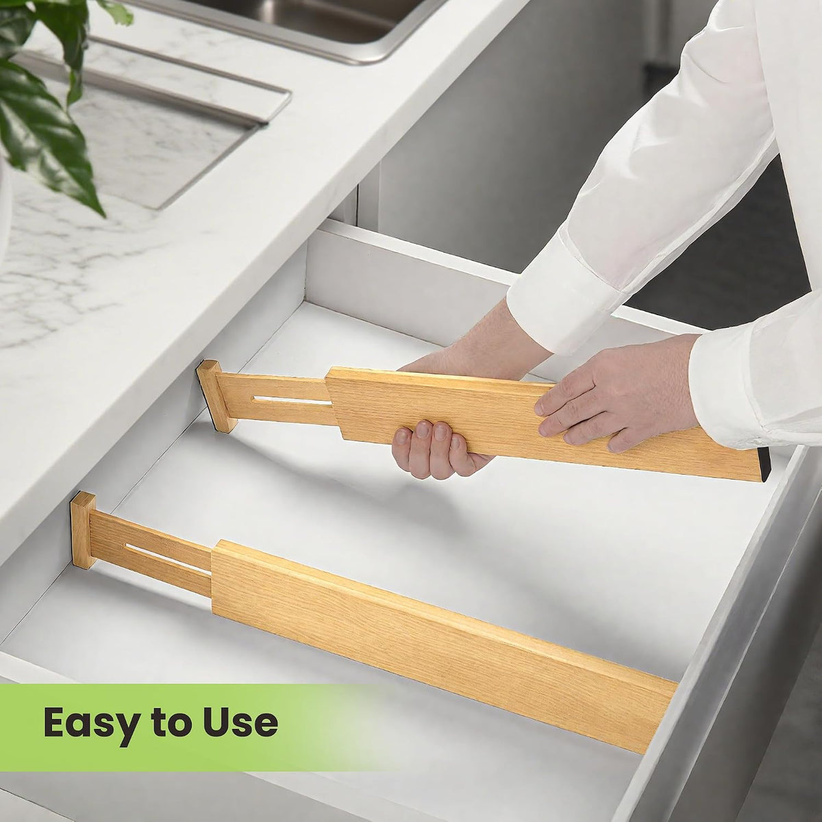 Drawer Organizer, Spring-Loaded Expandable Bamboo Dividers