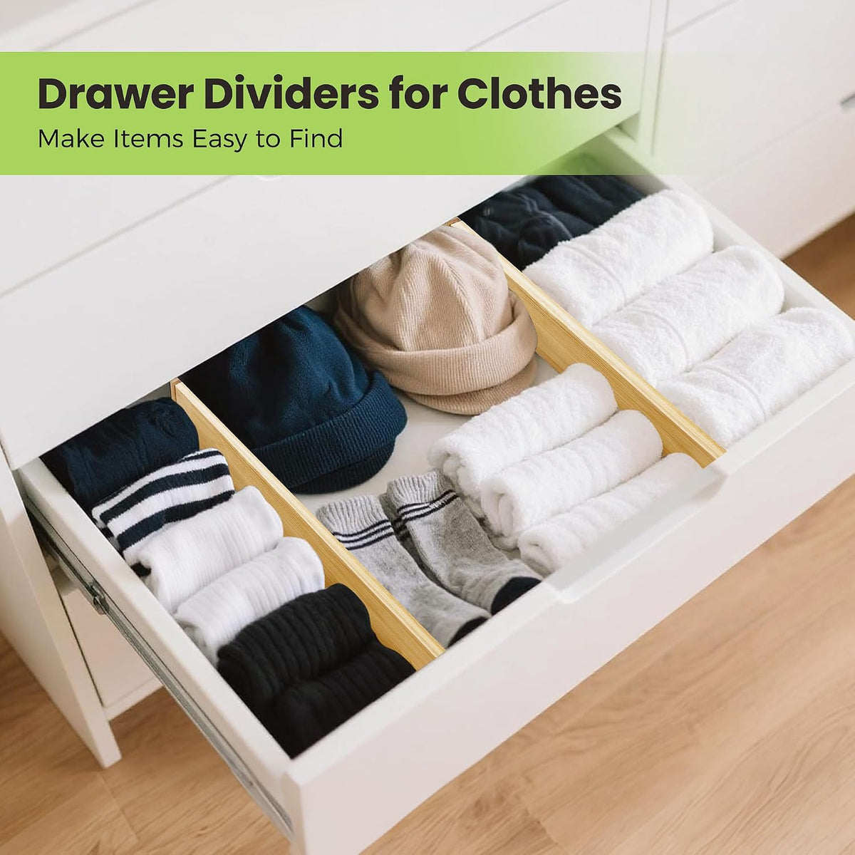 Drawer Organizer, Spring-Loaded Expandable Bamboo Dividers