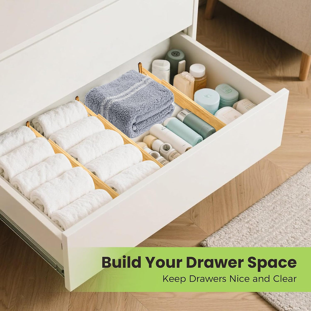 Drawer Organizer, Spring-Loaded Expandable Bamboo Dividers