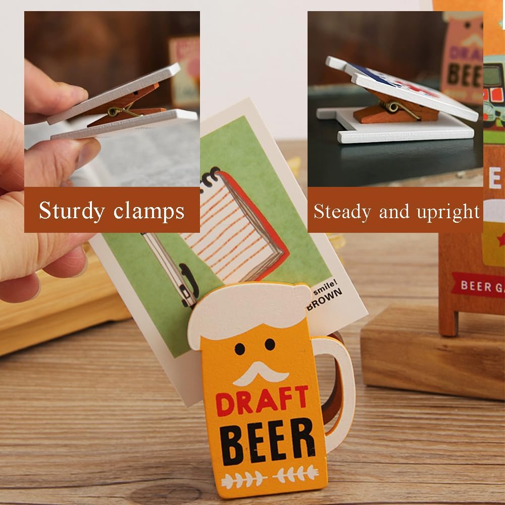 Retro Desktop Memo Holder,Note Folder Table Number Stands Cartoon Memo Clip Photo Clip,Wooden Desk Decor Office Accessories Doll House Props,4 Pieces