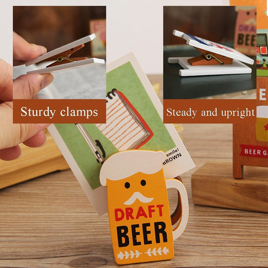 Retro Desktop Memo Holder,Note Folder Table Number Stands Cartoon Memo Clip Photo Clip,Wooden Desk Decor Office Accessories Doll House Props,4 Pieces
