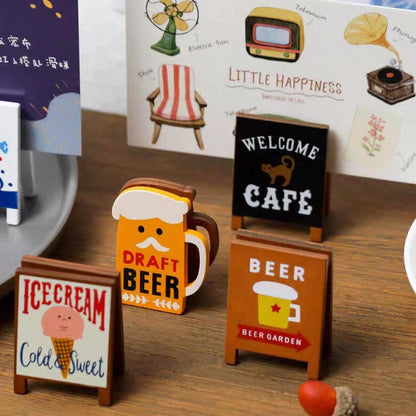 Retro Desktop Memo Holder,Note Folder Table Number Stands Cartoon Memo Clip Photo Clip,Wooden Desk Decor Office Accessories Doll House Props,4 Pieces