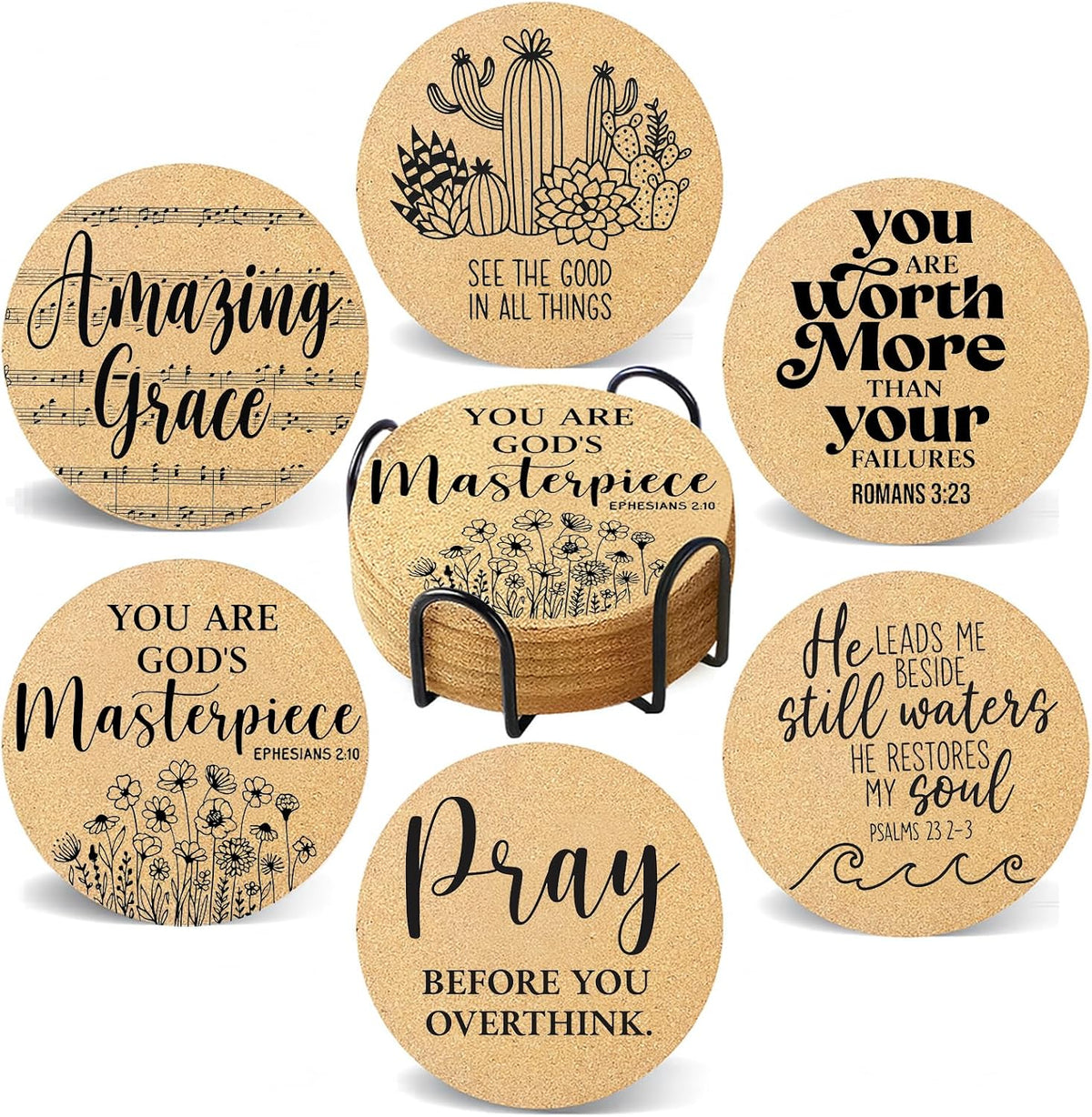 Coasters for Drinks with Holder Set of 6, Inspirational Cork Coaster Absorbent for Office Desk Inspired Table Coasters Kitchen Decor House Warming Gifts for New Home Couples, Round 4"