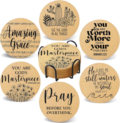 Coasters for Drinks with Holder Set of 6, Inspirational Cork Coaster Absorbent for Office Desk Inspired Table Coasters Kitchen Decor House Warming Gifts for New Home Couples, Round 4"