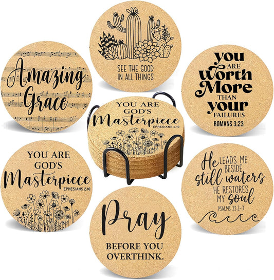 Coasters for Drinks with Holder Set of 6, Inspirational Cork Coaster Absorbent for Office Desk Inspired Table Coasters Kitchen Decor House Warming Gifts for New Home Couples, Round 4"