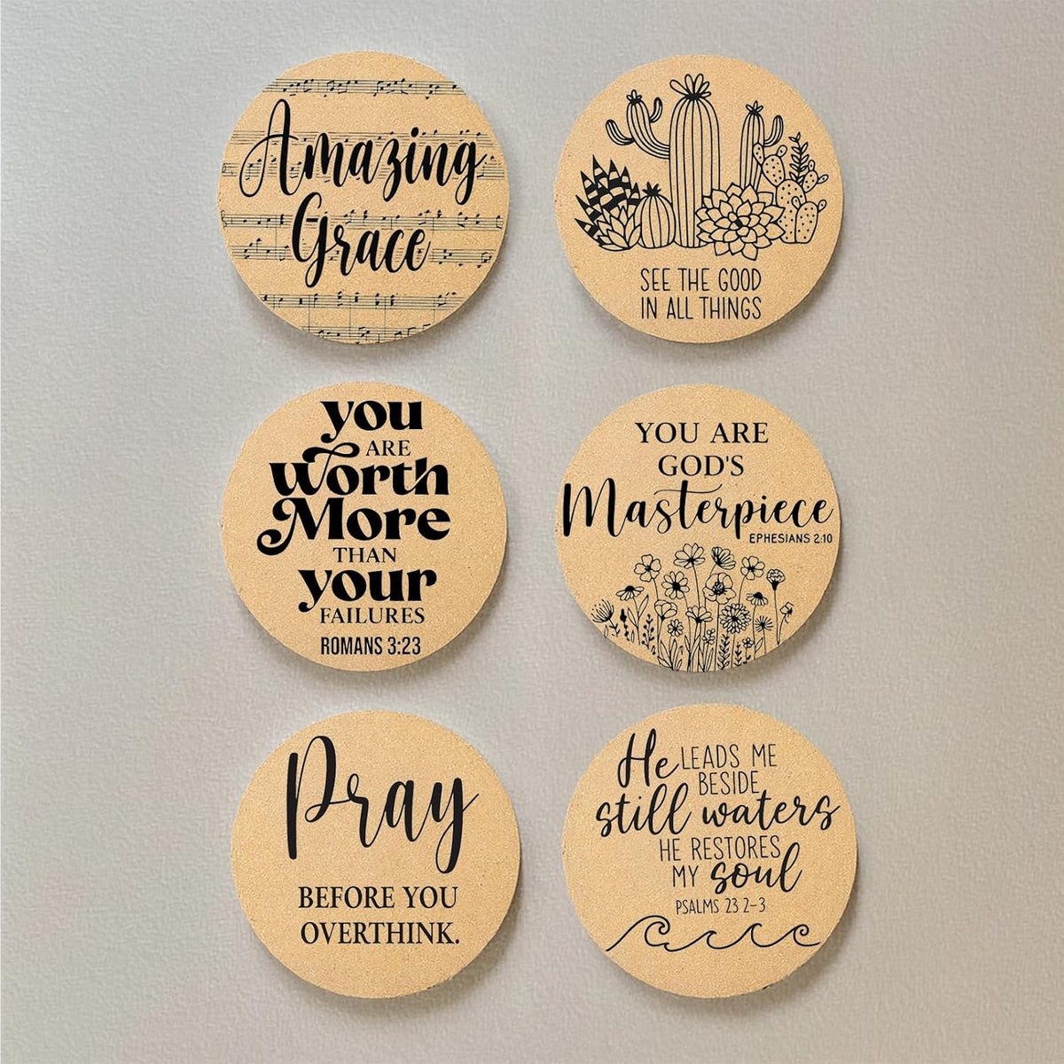 Coasters for Drinks with Holder Set of 6, Inspirational Cork Coaster Absorbent for Office Desk Inspired Table Coasters Kitchen Decor House Warming Gifts for New Home Couples, Round 4"
