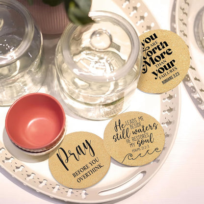 Coasters for Drinks with Holder Set of 6, Inspirational Cork Coaster Absorbent for Office Desk Inspired Table Coasters Kitchen Decor House Warming Gifts for New Home Couples, Round 4"
