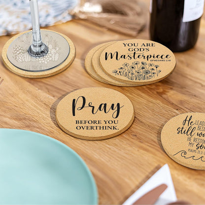 Coasters for Drinks with Holder Set of 6, Inspirational Cork Coaster Absorbent for Office Desk Inspired Table Coasters Kitchen Decor House Warming Gifts for New Home Couples, Round 4"