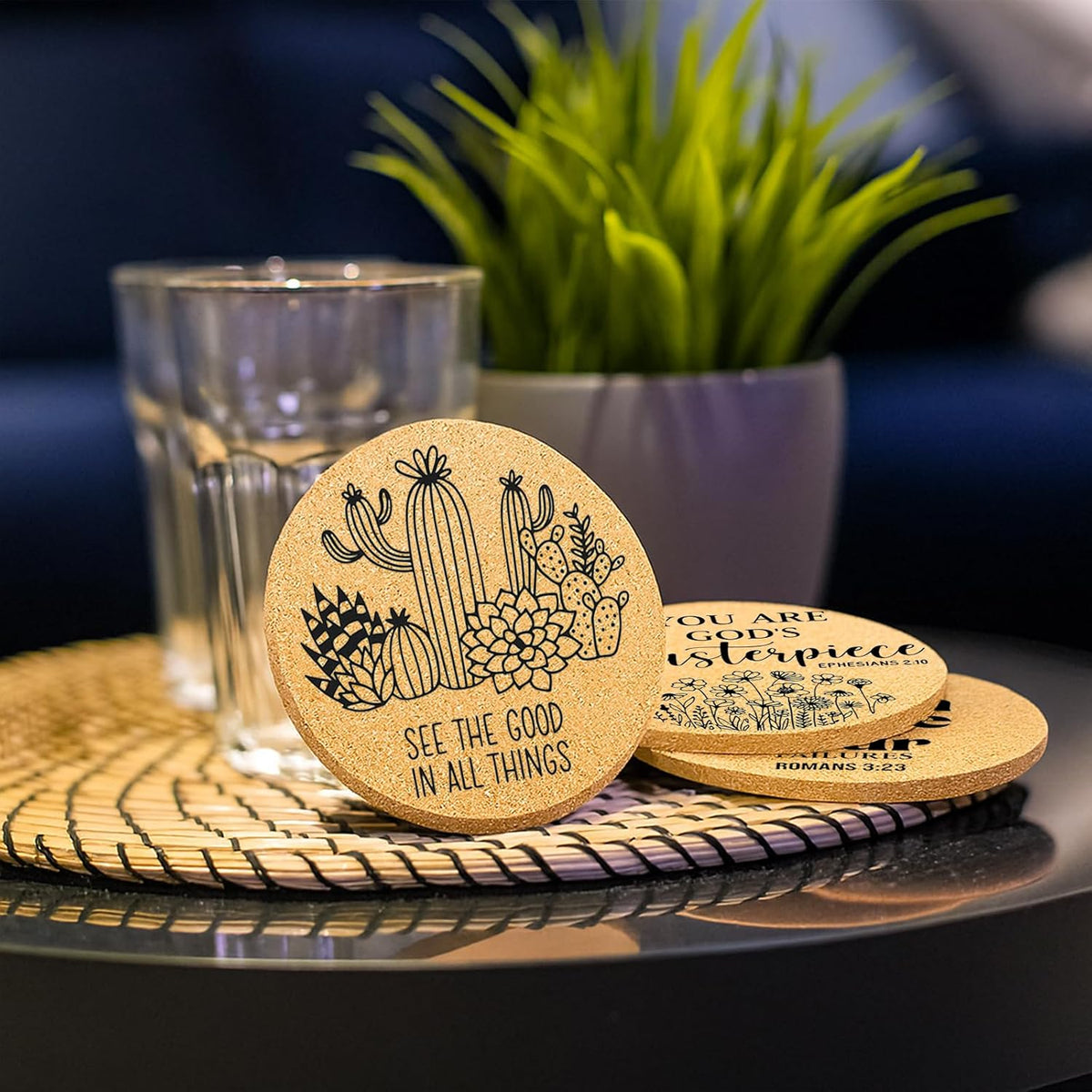 Coasters for Drinks with Holder Set of 6, Inspirational Cork Coaster Absorbent for Office Desk Inspired Table Coasters Kitchen Decor House Warming Gifts for New Home Couples, Round 4"