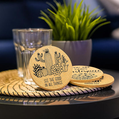 Coasters for Drinks with Holder Set of 6, Inspirational Cork Coaster Absorbent for Office Desk Inspired Table Coasters Kitchen Decor House Warming Gifts for New Home Couples, Round 4"