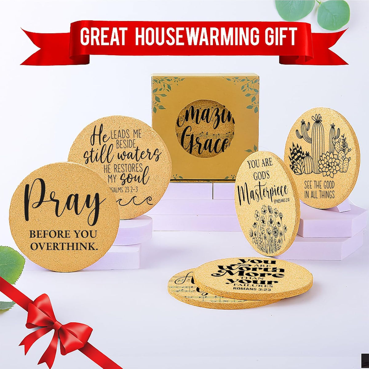 Coasters for Drinks with Holder Set of 6, Inspirational Cork Coaster Absorbent for Office Desk Inspired Table Coasters Kitchen Decor House Warming Gifts for New Home Couples, Round 4"