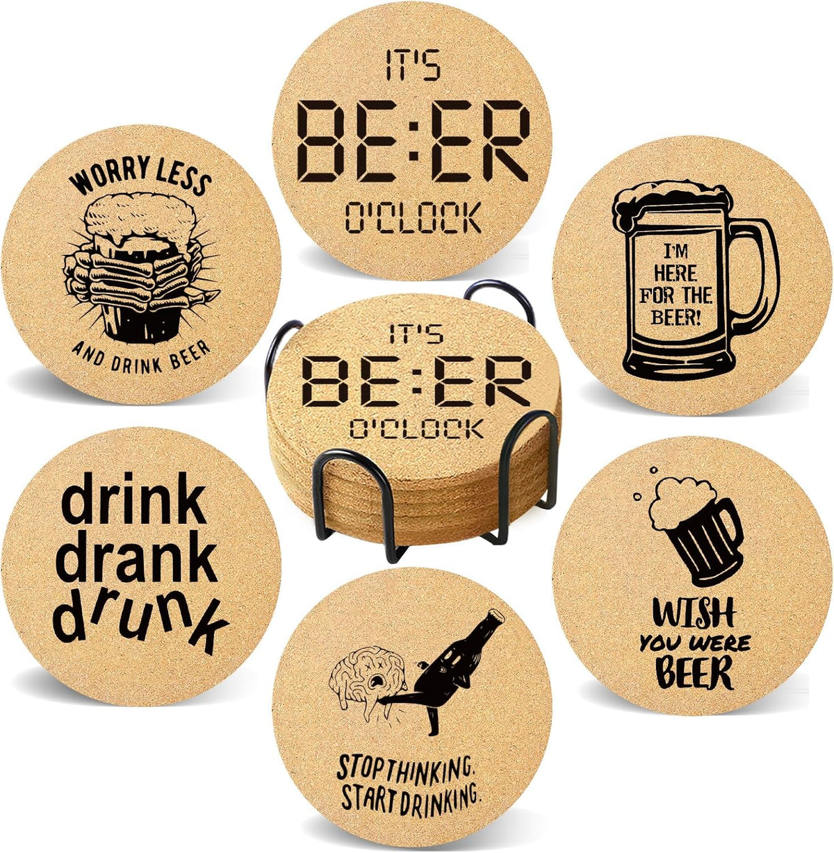 Coasters for Drinks with Holder Set of 6, Inspirational Cork Coaster Absorbent for Office Desk Inspired Table Coasters Kitchen Decor House Warming Gifts for New Home Couples, Round 4"