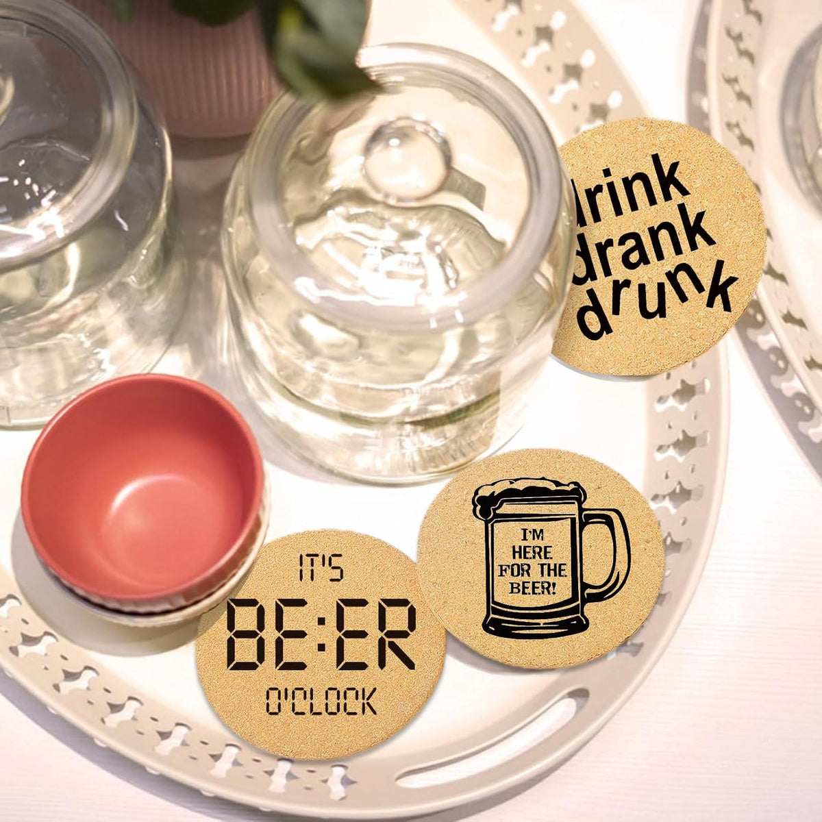 Coasters for Drinks with Holder Set of 6, Inspirational Cork Coaster Absorbent for Office Desk Inspired Table Coasters Kitchen Decor House Warming Gifts for New Home Couples, Round 4"