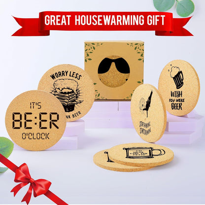 Coasters for Drinks with Holder Set of 6, Inspirational Cork Coaster Absorbent for Office Desk Inspired Table Coasters Kitchen Decor House Warming Gifts for New Home Couples, Round 4"