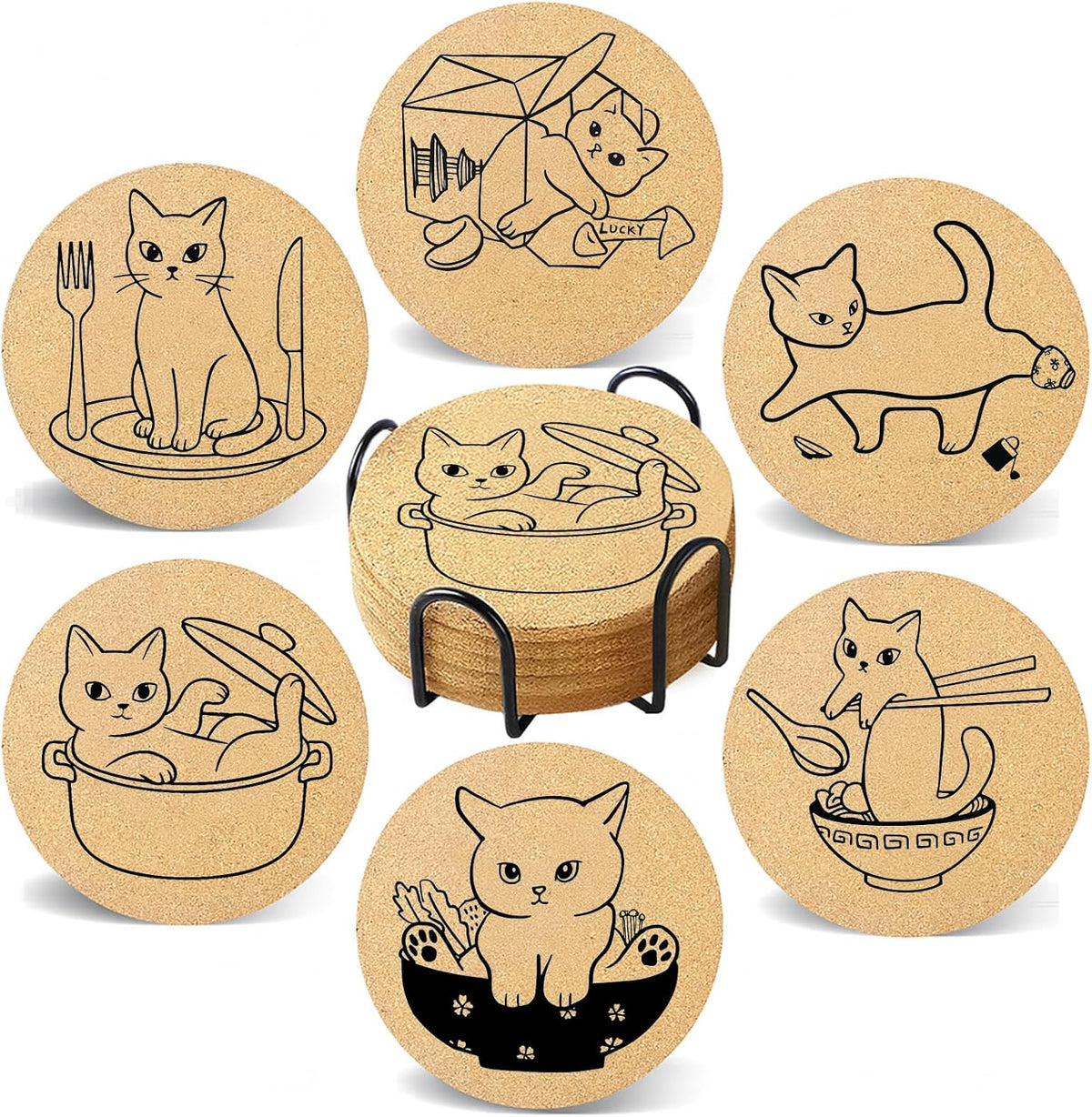 Coasters for Drinks with Holder Set of 6, Inspirational Cork Coaster Absorbent for Office Desk Inspired Table Coasters Kitchen Decor House Warming Gifts for New Home Couples, Round 4"