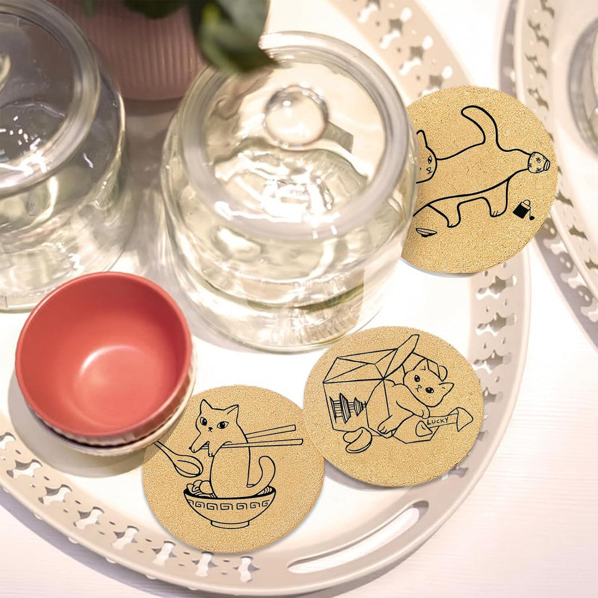 Coasters for Drinks with Holder Set of 6, Inspirational Cork Coaster Absorbent for Office Desk Inspired Table Coasters Kitchen Decor House Warming Gifts for New Home Couples, Round 4"