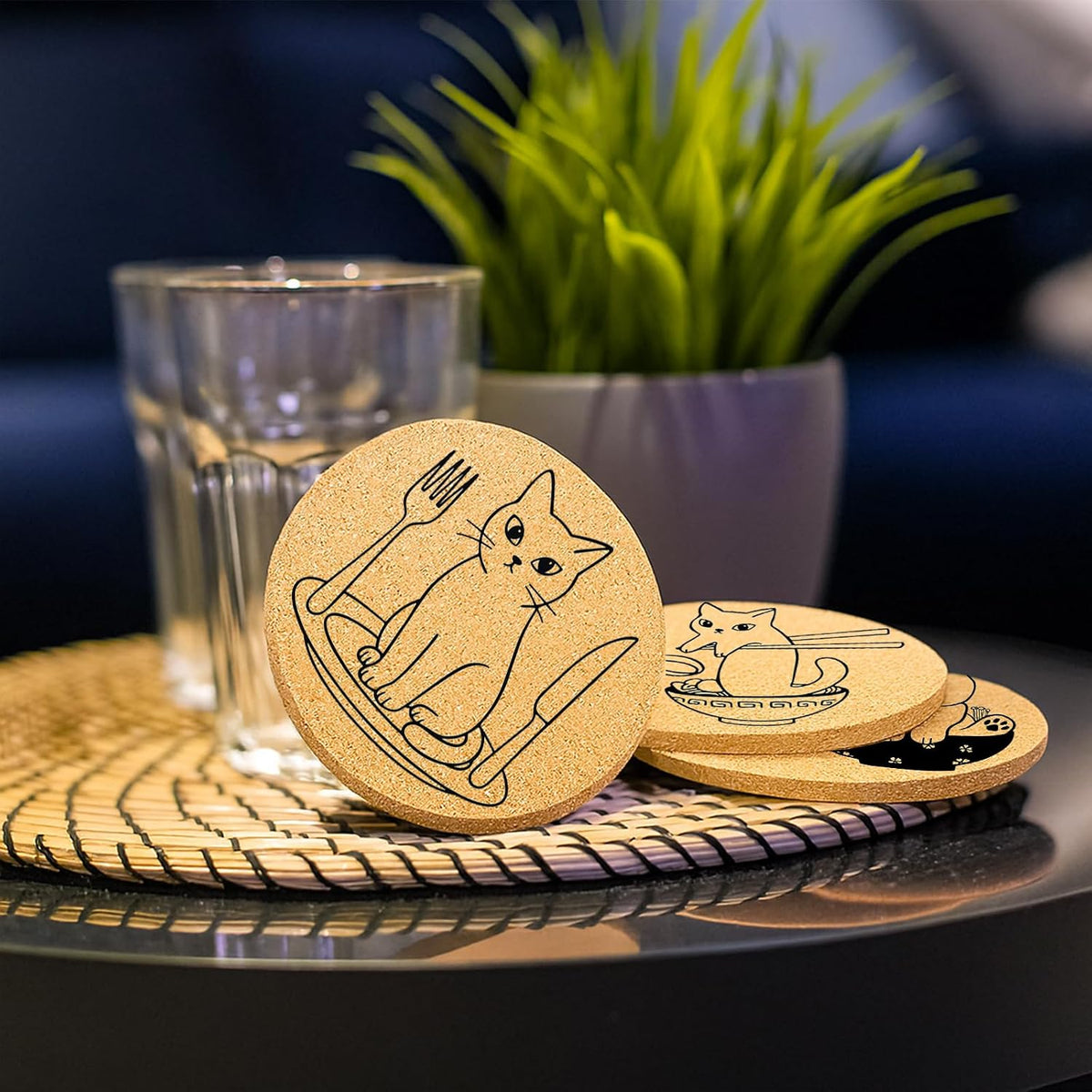 Coasters for Drinks with Holder Set of 6, Inspirational Cork Coaster Absorbent for Office Desk Inspired Table Coasters Kitchen Decor House Warming Gifts for New Home Couples, Round 4"