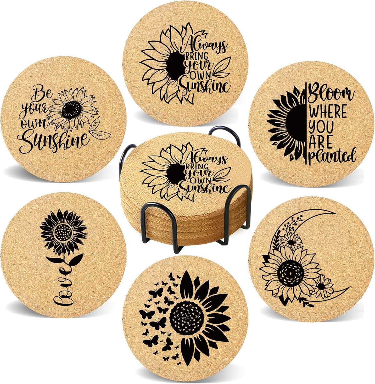 Coasters for Drinks with Holder Set of 6, Inspirational Cork Coaster Absorbent for Office Desk Inspired Table Coasters Kitchen Decor House Warming Gifts for New Home Couples, Round 4"