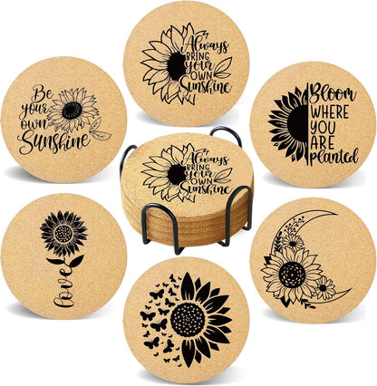 Coasters for Drinks with Holder Set of 6, Inspirational Cork Coaster Absorbent for Office Desk Inspired Table Coasters Kitchen Decor House Warming Gifts for New Home Couples, Round 4"