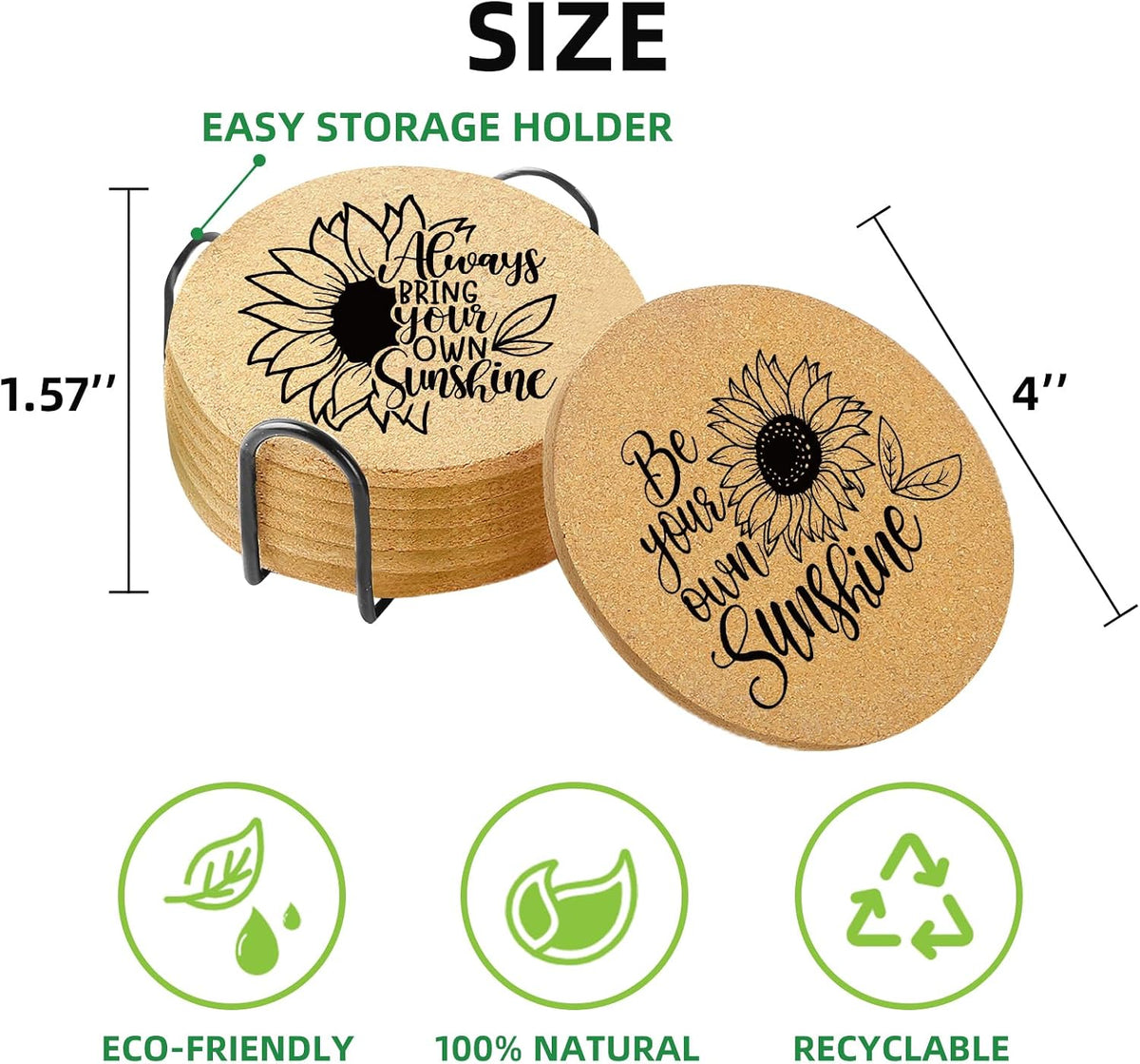 Coasters for Drinks with Holder Set of 6, Inspirational Cork Coaster Absorbent for Office Desk Inspired Table Coasters Kitchen Decor House Warming Gifts for New Home Couples, Round 4"