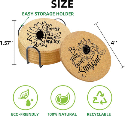 Coasters for Drinks with Holder Set of 6, Inspirational Cork Coaster Absorbent for Office Desk Inspired Table Coasters Kitchen Decor House Warming Gifts for New Home Couples, Round 4"
