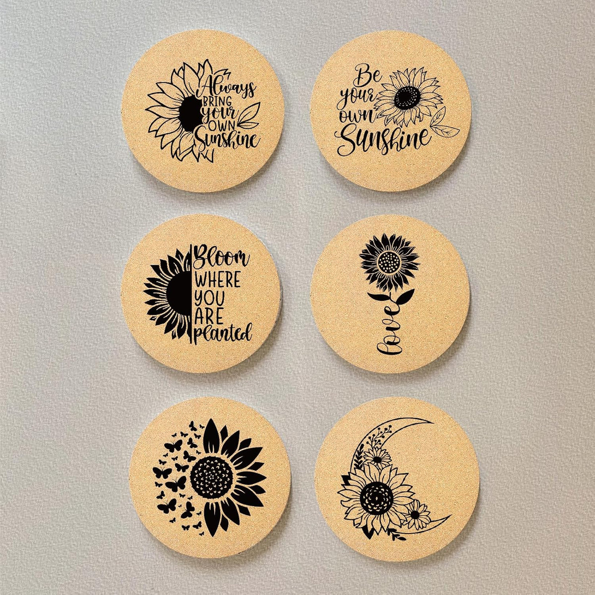 Coasters for Drinks with Holder Set of 6, Inspirational Cork Coaster Absorbent for Office Desk Inspired Table Coasters Kitchen Decor House Warming Gifts for New Home Couples, Round 4"