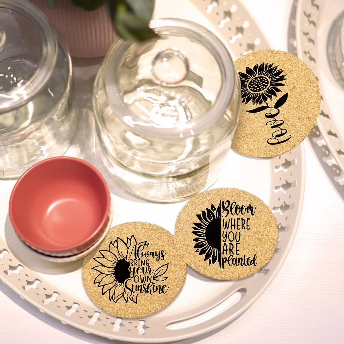 Coasters for Drinks with Holder Set of 6, Inspirational Cork Coaster Absorbent for Office Desk Inspired Table Coasters Kitchen Decor House Warming Gifts for New Home Couples, Round 4"