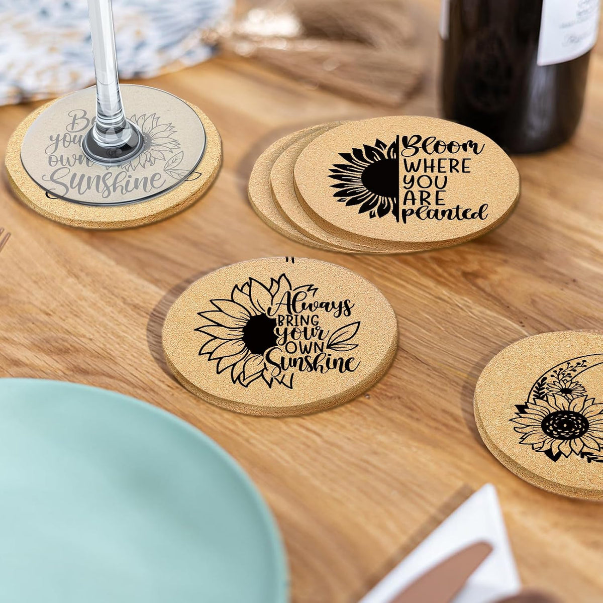 Coasters for Drinks with Holder Set of 6, Inspirational Cork Coaster Absorbent for Office Desk Inspired Table Coasters Kitchen Decor House Warming Gifts for New Home Couples, Round 4"