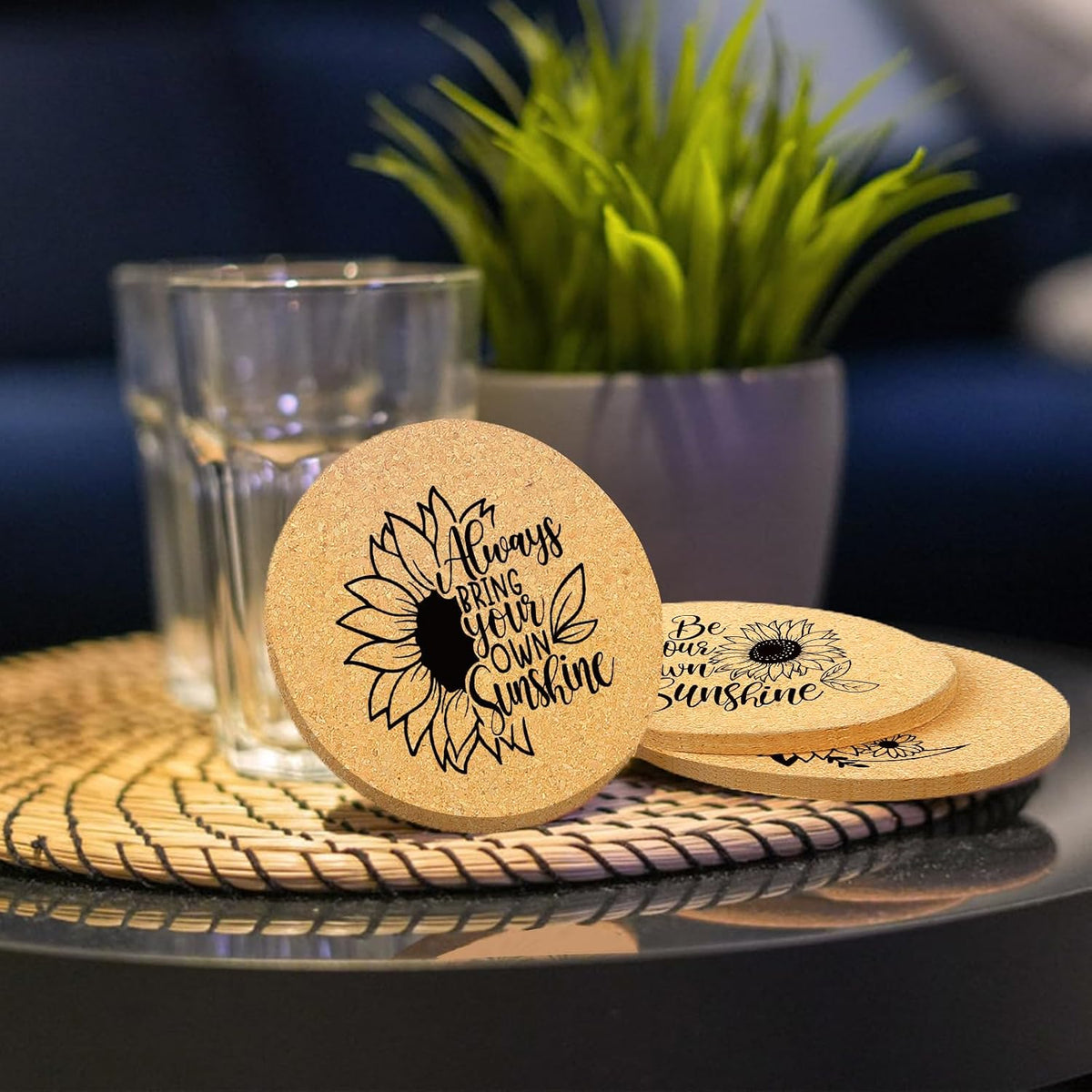 Coasters for Drinks with Holder Set of 6, Inspirational Cork Coaster Absorbent for Office Desk Inspired Table Coasters Kitchen Decor House Warming Gifts for New Home Couples, Round 4"