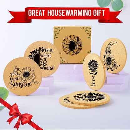 Coasters for Drinks with Holder Set of 6, Inspirational Cork Coaster Absorbent for Office Desk Inspired Table Coasters Kitchen Decor House Warming Gifts for New Home Couples, Round 4"