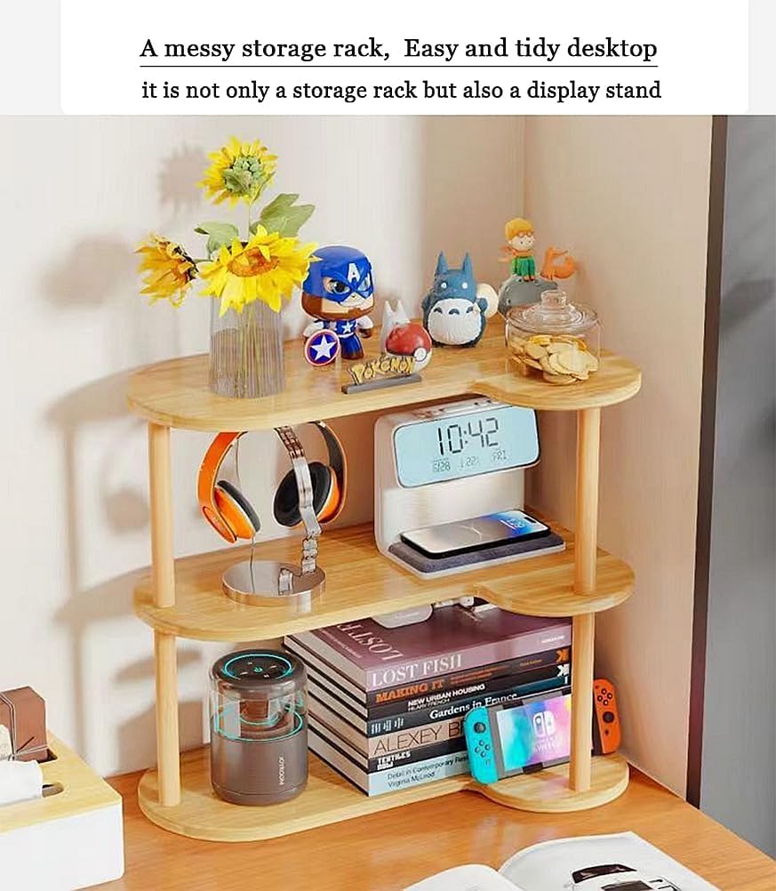 Vertical Wood Corner Shelf, Simple Desktop Small Bookshelf 3-Tier Clutter and Ornaments Storage Shelf File Organizer Rack Bookcase (Oak, 3-Tier)
