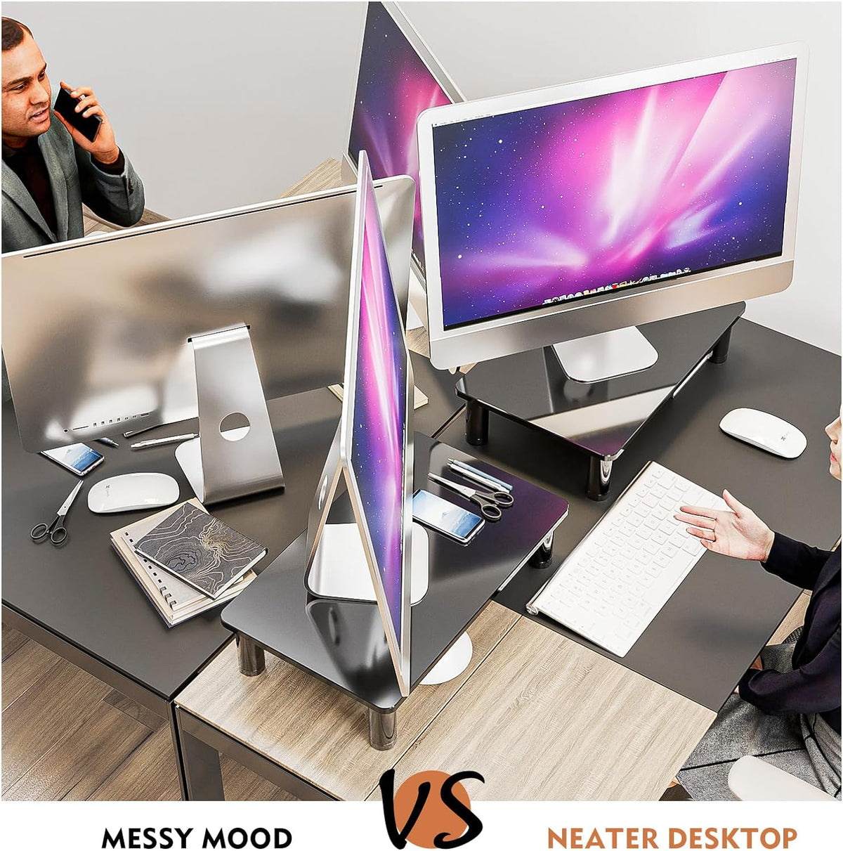2 Pack Computer Monitor Riser with Height Adjustable Multi Media Desktop Stand for Flat Screen LCD LED TV, Laptop/Notebook/Xbox One