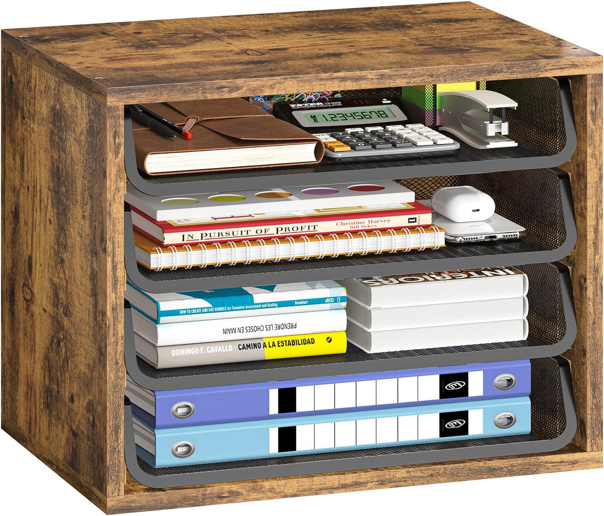 4-Tier Desk File Organizer, Paper Organizer, Rustic Brown