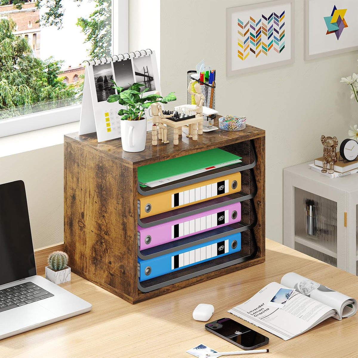 4-Tier Desk File Organizer, Paper Organizer, Rustic Brown