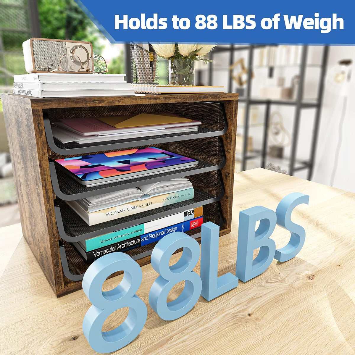 4-Tier Desk File Organizer, Paper Organizer, Rustic Brown