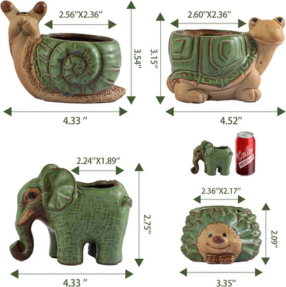 Small Succulent Pots with Drainage, Indoor/Outdoor Ceramic Animal Planter, Cute Cactus/Bonsai Small Flower Pots for Home Decor and Office Desk Decoration, A Set of 4 Pieces is Suitable as A Gift