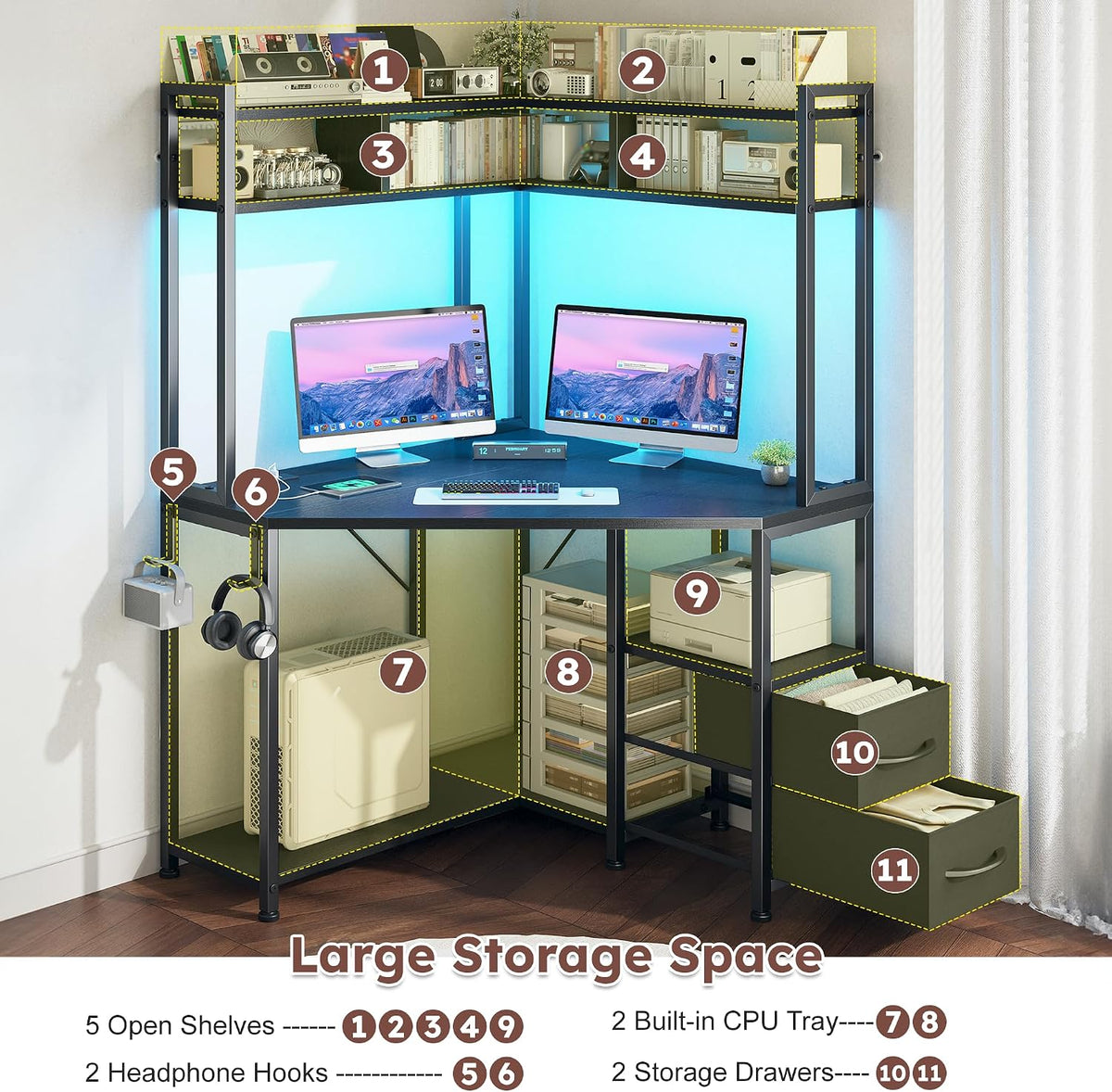63"Triangular Corner Desk with Hutch,Ample Storage for Small Room