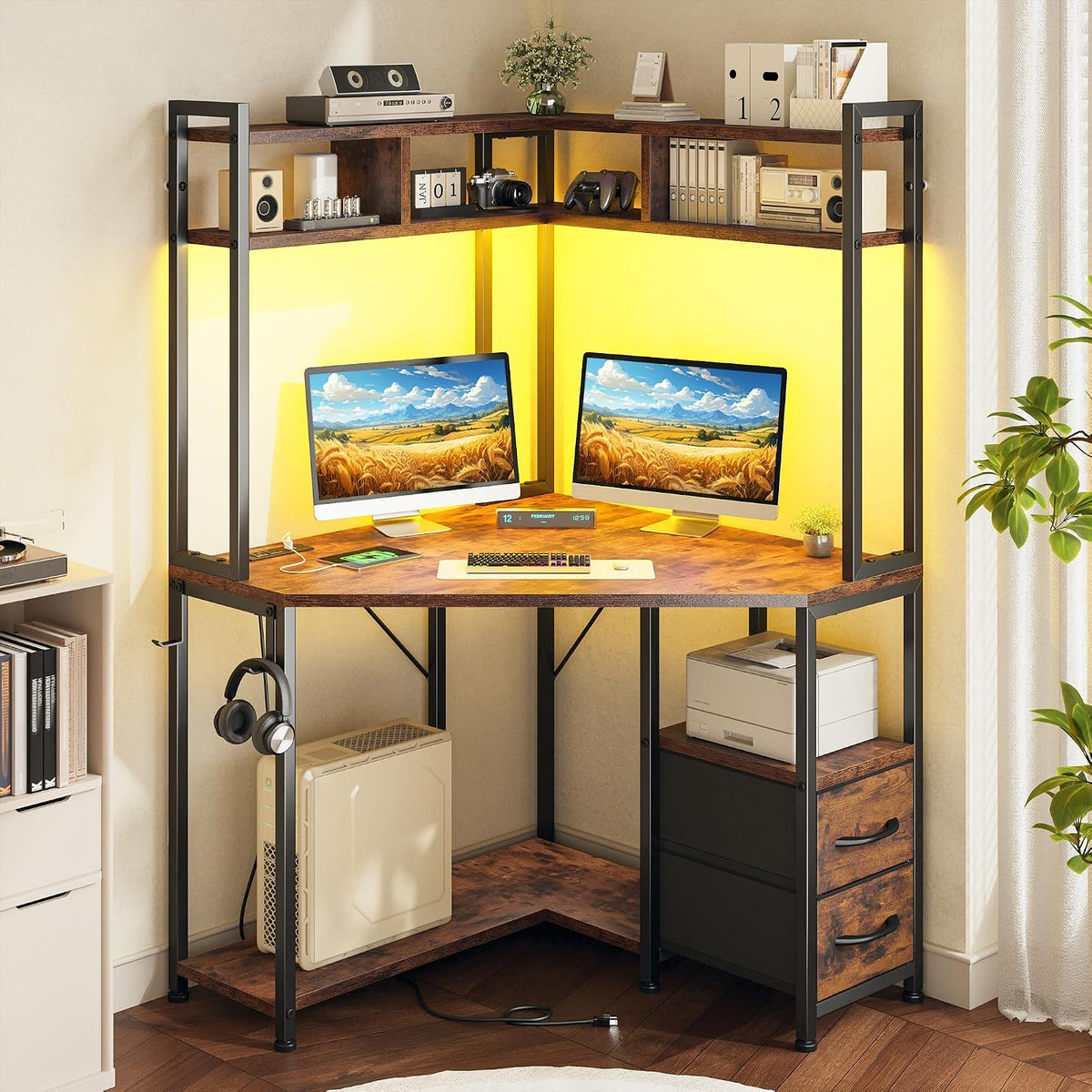63"Triangular Corner Desk with Hutch,Ample Storage for Small Room