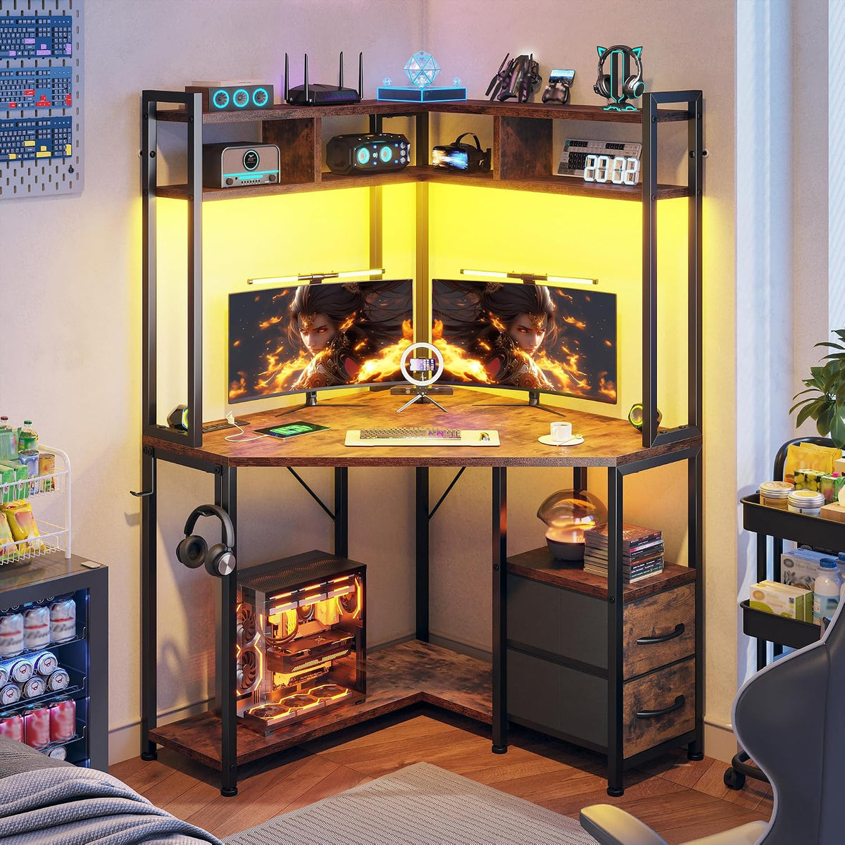 63"Triangular Corner Desk with Hutch,Ample Storage for Small Room