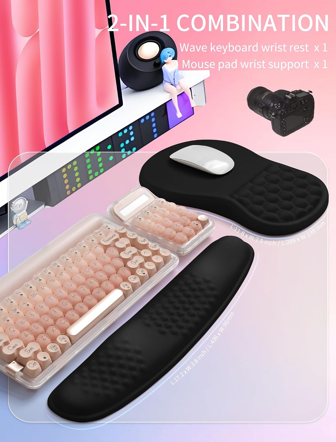 2in1 Combination, Wave Keyboard Wrist Rest and Ergonomic Curvature Mouse Pad Wrist Support for Relieve Wrist Pain, Filled with Soft Cushion Memory Foam, Black